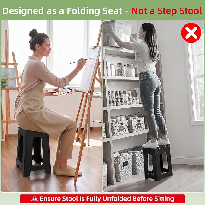 neotidy Foldable Stool Chair, 17.7” Tall Folding Seat for Adults up to 400 lb, Heavy-Duty Plastic Foldable Stool for Sitting, Portable Compact Folding Chair for Home Outdoor Camping, Black