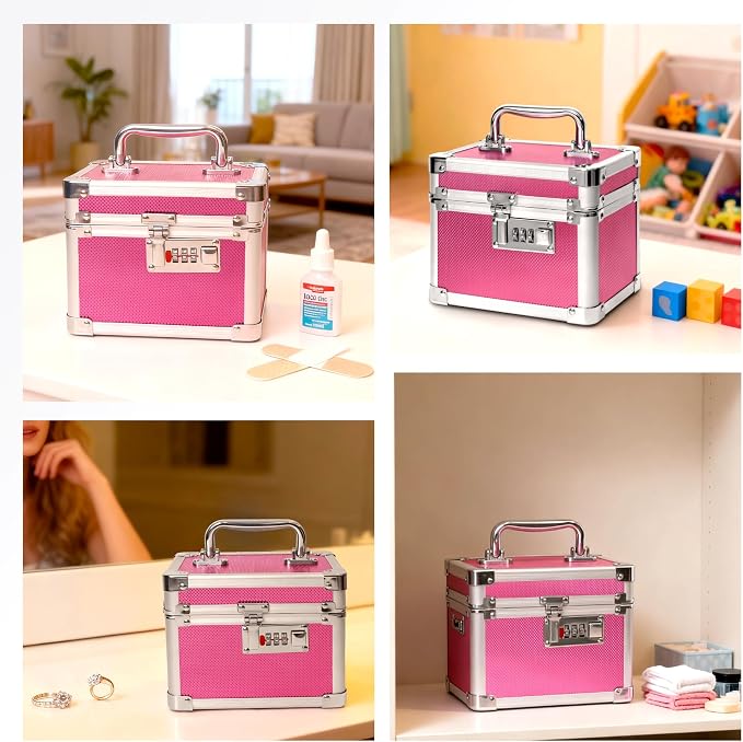 Small Medication Combination Lock Boxes with Code for Personal Items, Medicine Lockbox for Documents - 7.1 x 5.1 x 5.3 Inches Rose