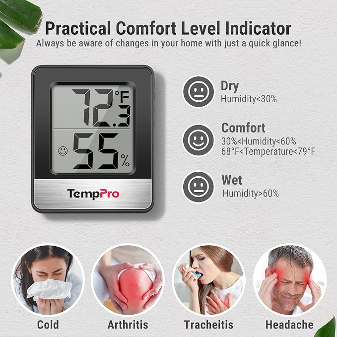 TempPro TP49 3 Pack Digital Hygrometer Indoor Thermometer | Humidity Meter Mini Hygrometer Thermometer with Temperature and Humidity Monitor Room, Black