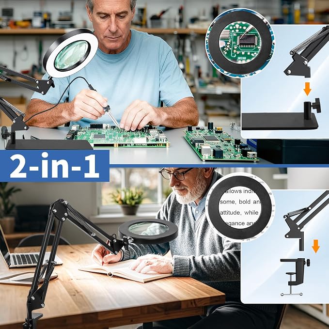 HITTI 10X Magnifying Glass with Light, 1800 Lumens Stepless Dimmable, 3 Color Modes, 4.2″ Real Glass Lens LED Lamp Square Base & Clamp, Magnifier Light and Stand for Panting, Puzzle, Close Work