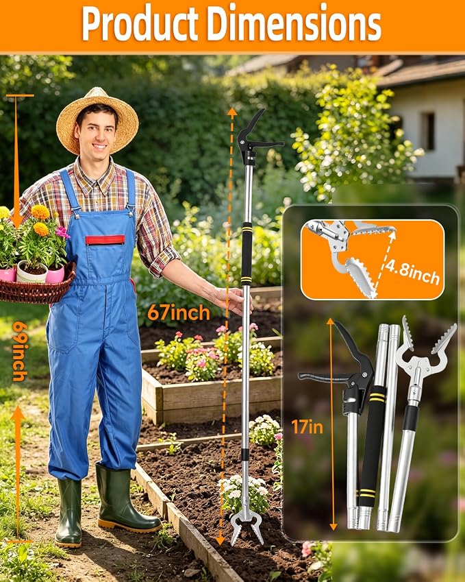 Grabber Reacher Tool，67-inch Extended-Length Foldable Aluminum Alloy Heavy-Duty Grabber Suitable for use as Barbecue firewood Tongs and Lawn cleanup Features a Wide-jaw Head and Nylon Handles