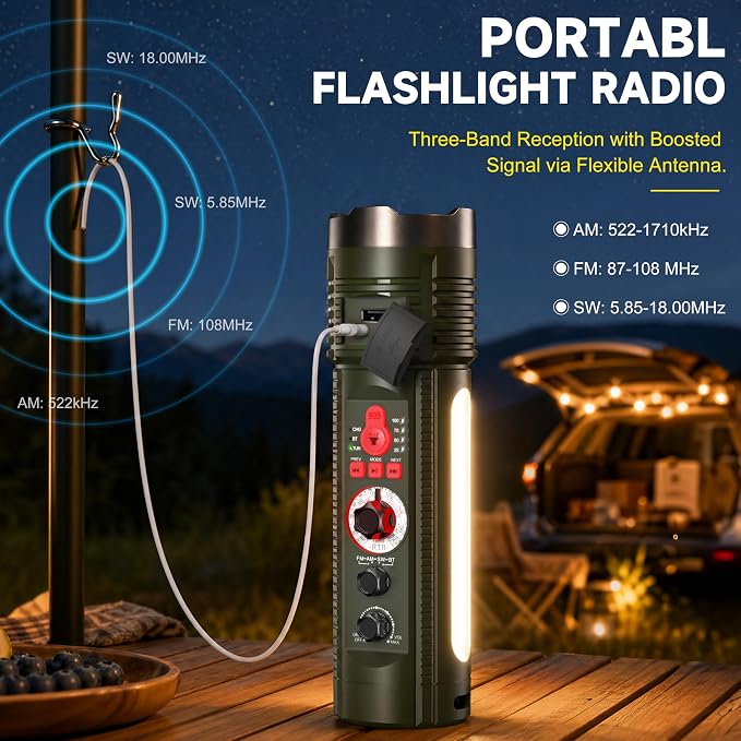 Emergency Crank Radio with AM/FM/SW, Portable Flashlight Radio | Bluetooth Speaker,Warning Light,Reading Lamp,SOS Alarm,with Emegrency Bracelet,Thermal Blanket