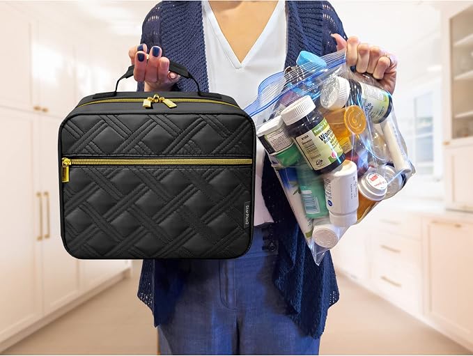 Large Quilted Medicine Organizer Bag - 10 Pockets Soft Pill Bottle Organizer for Travel & Home Storage - Black