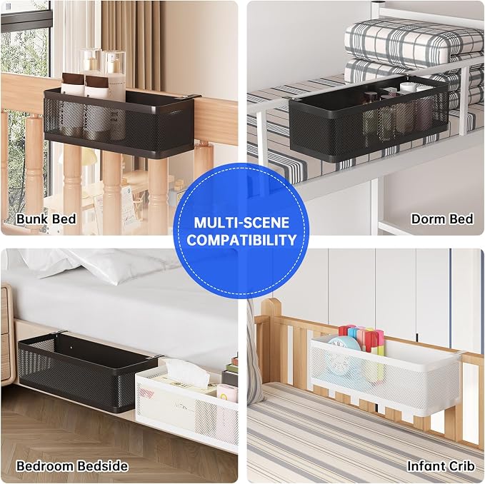 Bedside Caddy Shelf for Bunk Bed, Black, L11in*W4.9in*H3.93in | For Bunk Bed, Office Cubicle Walls, Crib Rails, Dorm Bed College Dorm Room Essentials, Large Capacity, Easy Install