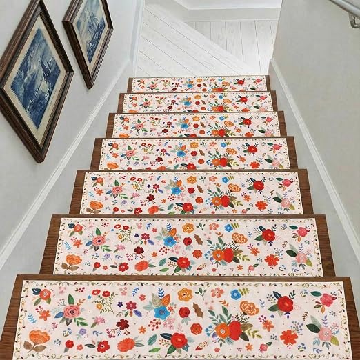 Breling 15 Pcs Wildflower Stair Treads for Wooden Steps 8x30 Inches Stair Treads Indoor Non-Slip Carpet Runner Decorative Long Rugs Safety Mats for Indoor Carpet Covers Elders and Dogs