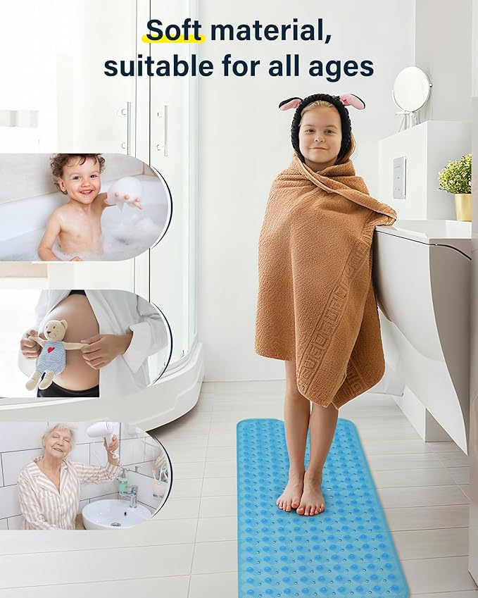 Non Slip Bathtub Mat for Tub & Shower, Machine Washable 40"x16" Anti Slip Bath Mat with 2 Hooks, Soft & Comfortable and Extra Largefor Families, Clear Blue