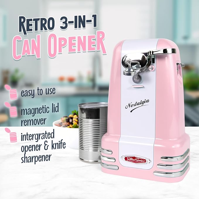 Nostalgia Retro Electric Can Opener for Kitchen with Magnetic Lid Remover, Knife Sharpener, and Soda or Beer Bottle Opener, Pink