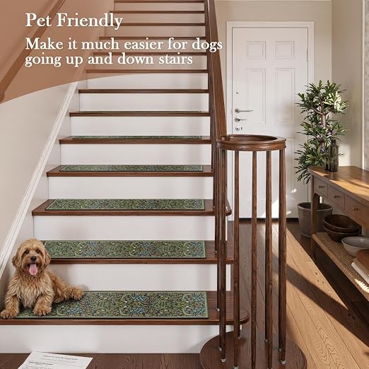 OJIA Non-Slip Stair Runner for Wooden Steps 4PCS 30"x8" Carpet Stair Treads | Indoor Floral Stair Treads Carpet Stair Mats Staircase Step Treads for Kids, Elders and Dogs, Stair Covers, Green