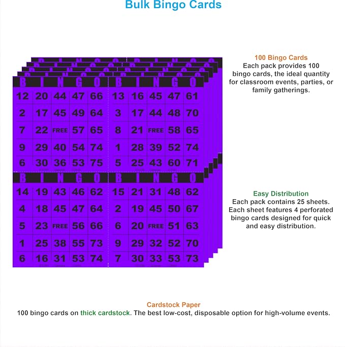 100 Bingo Cards, Large 4.5 x 4.5 Inch, Purple, Paper Bingo Sheets | 8 Color Options, Premium Cardstock, Disposable with Daubers or Reusable with Chips — Proudly Made in USA