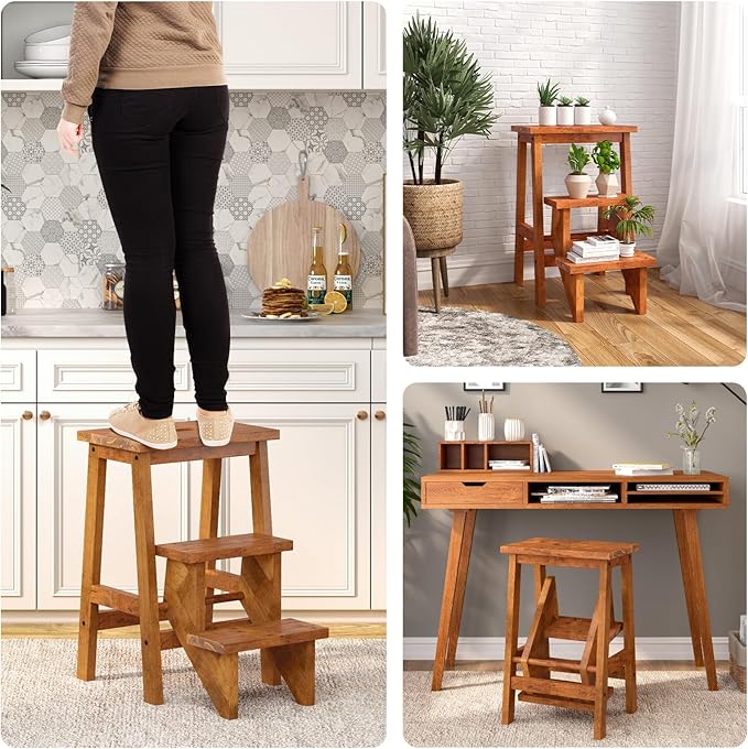 Costzon Folding 3 Step Stool, 3 in 1 Wooden Step Ladder with Handle, Non-Slip Pedal, Multifunctional Storage Shelf, Flower Rack for Kitchen, Library, Garage, Foldable Step Stool for Adults Kids
