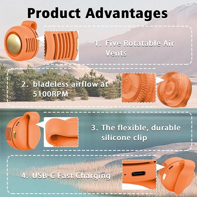 Portable Clip-On Fan, Mini USB Rechargeable 360° Rotatable Fan, Personal Fan 3-Speed Silent Mini Bladeless Fans (Orange)
