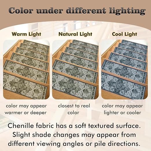 Non Slip Stair Treads for Wooden Steps, 4 Pack 8"x30" Washable Carpet | 8x30 in soft chenille polyester stair treads with reusable TPE backing for indoor wood stairs, dogs, kids, and seniors