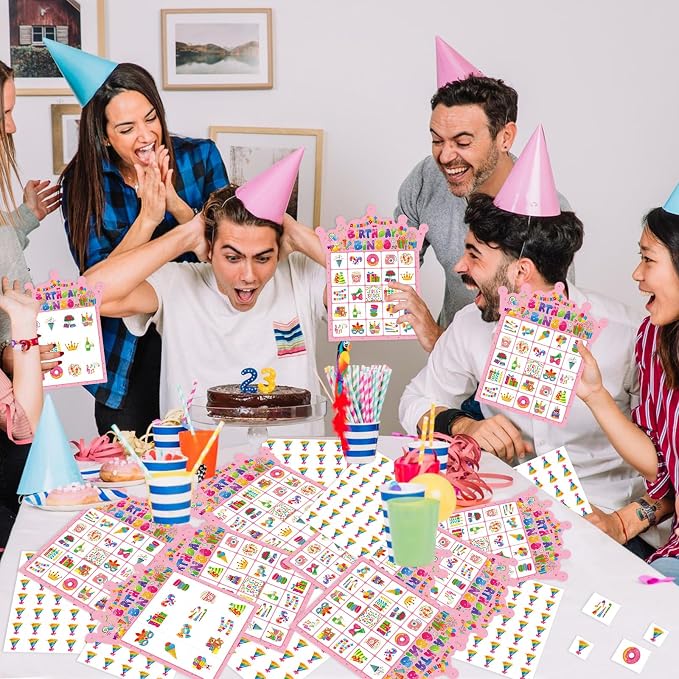 Birthday Bingo Game Cards for Party, 24 Players Birthday Party Bingo Games for School Office Family Large Group Party Activities Supplies