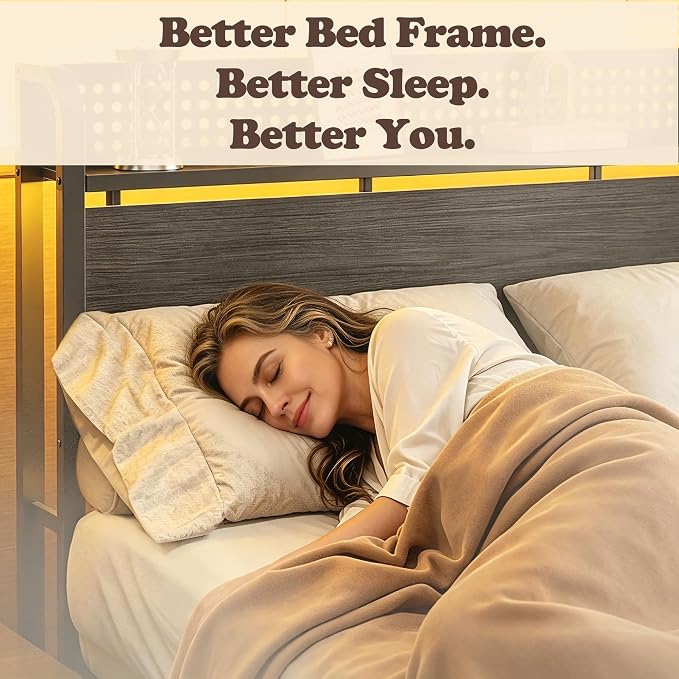 Queen Bed Frame with Headboard Storage, Charging Station, Drawers | 2-Tier Wood Shelves,LED Lights,1200 Lbs Capacity,USB & Type-C Ports,No Box Spring Needed,Noise Free,Easy Assembly,Rustic Grey