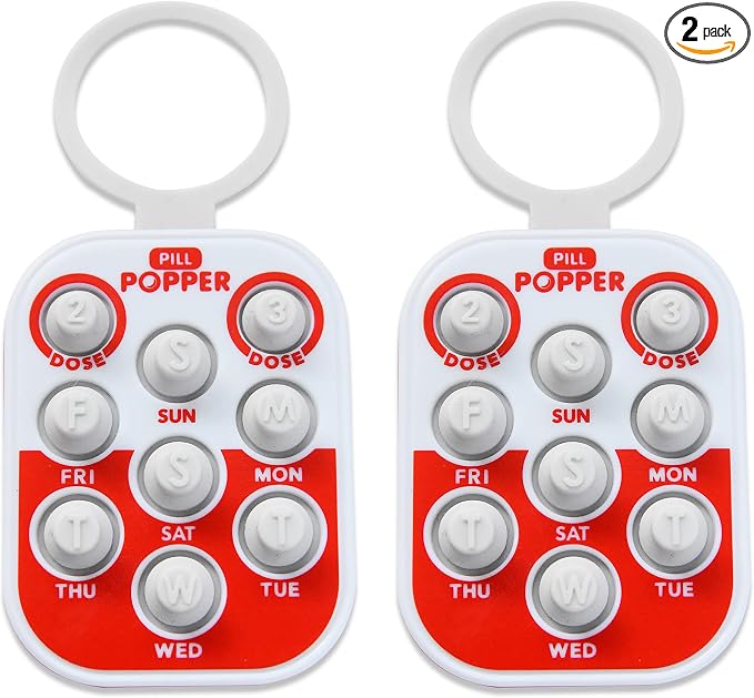 Pill Popper Medication Tracker, Daily Pill Reminder, Small and Portable Memory Aid with Buttons, Attaches to Pill Container, Tracks up to 3 Doses per Day, Multicolor, 2-Pack