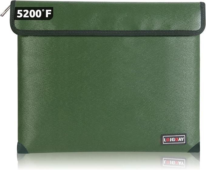 Waterproof Fireproof Document Bag - 5200°F with Heat Insulated, fireproof bags with Zipper, Fire Safe Envelope Bag for Cash/Important Documents/Valuables, fire proof money bag (Green, 13.9"x10.6")
