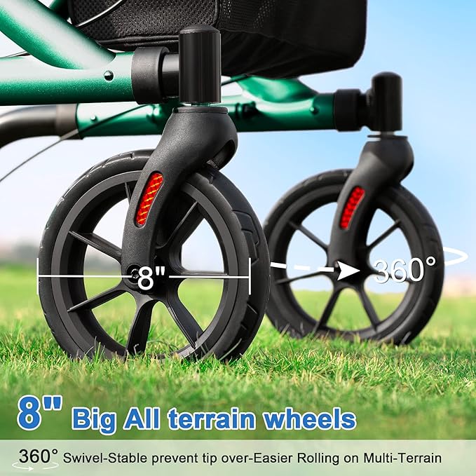 WALK MATE Rollator Walker for Seniors with Cup Holder, Upgraded Thumb Press Button for Height Adjustment, 4 x 8 Wheels Walker with Seat Padded Backrest Folding Lightweight Walking Aid, Green
