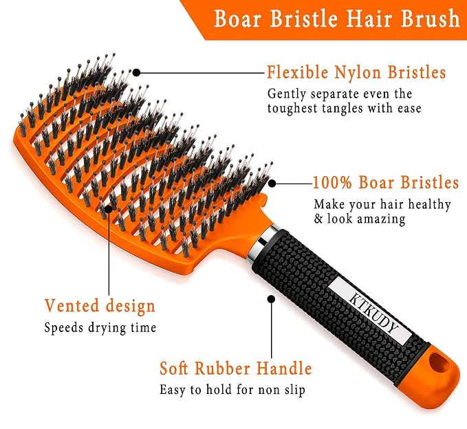 Detangling Brush for Women & Kids, Wet & Dry Hair, All Hair Types | Less pulling & breakage, Boar bristles tame frizz & add shine, Vents for faster blow-drying, Lightweight 4 oz, Non-slip grip