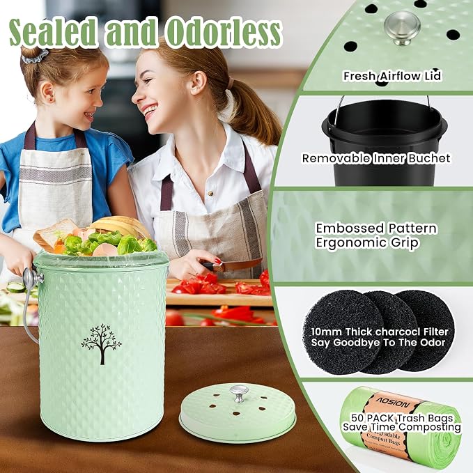 Countertop Compost Bin, Odor-Free Food Waste Container with 50 Bags | 1 Gallon Container,2 Carbon Filters,Compost Bucket, coffee grounds