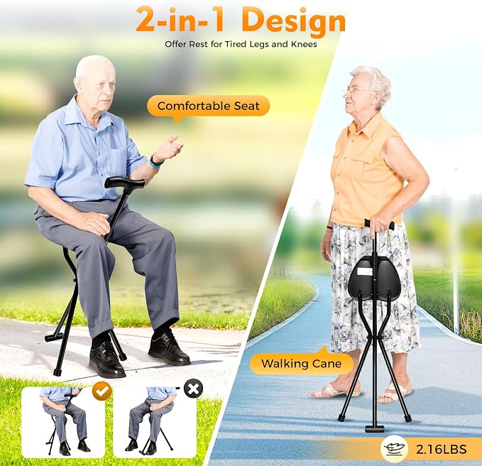 Folding Canes with Seat, Portable 3-Legged Stool, Adjustable Walking Stick Sitting Cane with Comfortable Handle Anti Slip for Senior Elderly Camping Hiking 249.12lbs