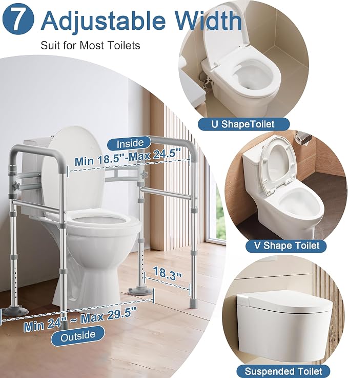 HOMLAND Toilet Safety Rails for Seniors, Adjustable Height & Width, 350 Lbs | Padded Armrests, Foldable Aluminum Toilet Safety Frame, Handicap Toilet Handles for Elderly and Disabled, Fit Any Toilets