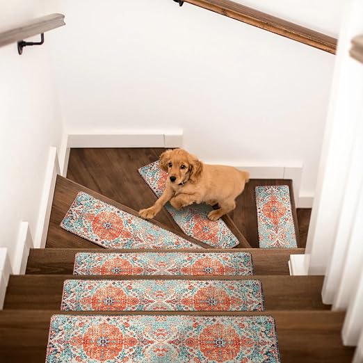 Boho Stair Treads Non Slip - Carpet Stair Treads for Wooden Steps Indoor, Stair Rugs for Kids, Elders and Dog, Stair Runners for Wooden Steps, 4 pcs