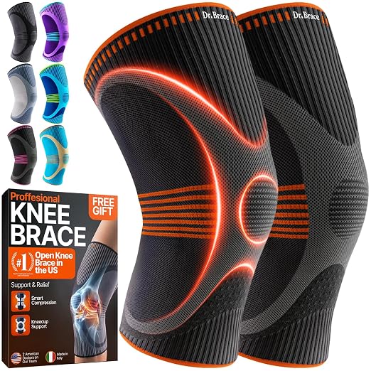 DR. BRACE Elite Compression Knee Brace for Women & Men, (2-Pack) Knee Support Compression Sleeve, Workout Sports Knee Braces for Meniscus Tear, ACL & Arthritis Pain Relief - Check Size Guide Video (Mars, Small)