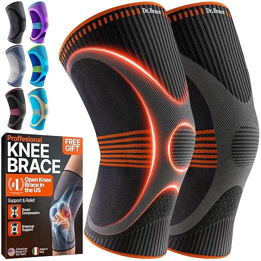DR. BRACE Elite Compression Knee Brace for Women & Men, (2-Pack) Knee Support Compression Sleeve, Workout Sports Knee Braces for Meniscus Tear, ACL & Arthritis Pain Relief - Check Size Guide Video (Mars, Large)