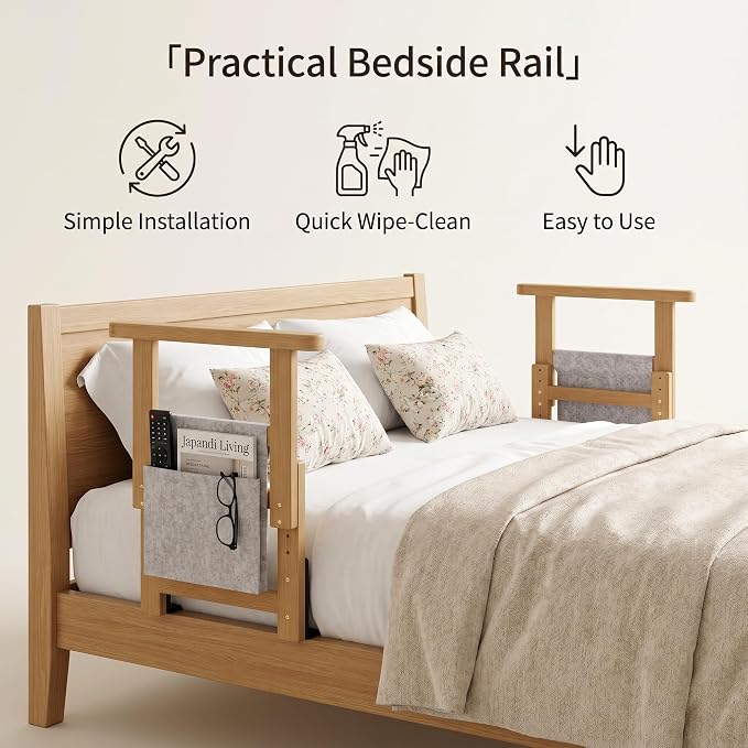 Bamboo Bed Assist Rail for Seniors Adjustable Grab Bar 300lbs Nature | Non-Slip Handle, Storage Pocket, Fits 4–12 inch Mattresses, Fits Twin, Full, Queen & King Beds