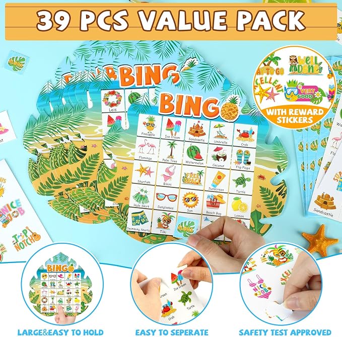 39Pcs Hawaiian Bingo Game for Adults Kids 24 Players Tropical Summer Palm Leaves Bingo Game Cards with Reward Stickers for Family Friend Student Large Group Activities Luau Theme Party Supplies Favors