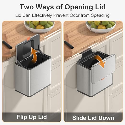 Mbillion 1.05 Gal Silver Hanging Stainless Steel Compost Bin | 4L trash can with lid, cabinet & under sink door mount design, for kitchen, RV and bathroom food waste storage