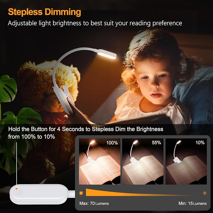 Gritin 16 LED Rechargeable Book Light for Reading in Bed | Eye Caring 3 Color Temperatures, Stepless Dimming Brightness, 80 Hrs Runtime, Lightweight Flexible Clip on Light-White
