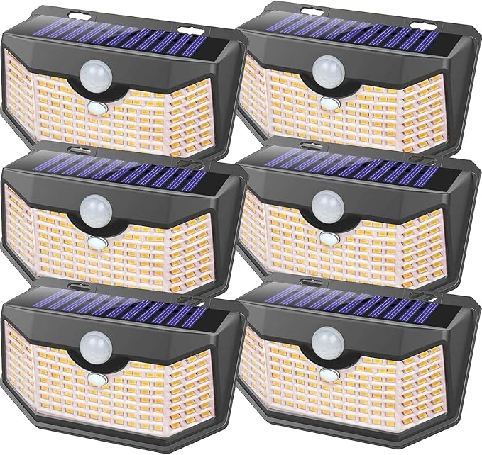 HMCITY 120 LED Solar Lights Outdoor Motion Sensor, 6 Pack, Black Warm | 3 Lighting Modes, IP65 Waterproof, Front Button Control, Wide Solar Wall Lights Ideal for Garden Patio Yard