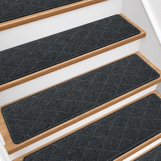 Stair Treads for Wooden Steps 15 PCS, Non Slip Rugs Dark Grey | 8x30in Self-adhesive Stair Runner Strips, Machine Washable, Indoor Carpet for Stairs, Stair Protection for Kids Pets Elderly