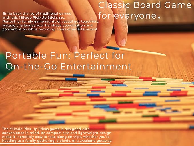 BSIRI Mikado Wooden Pick Up Sticks Game Original Classic Old Fashion Chinese Board Games for Adults and Seniors Toys in Family Brain Teasers of Mathematics Fun Table Wood Pickup Stick