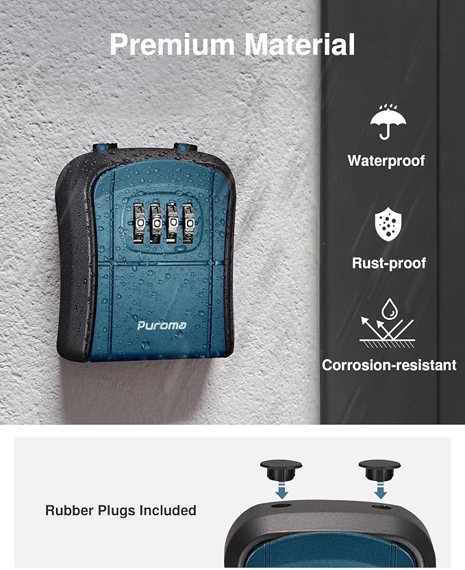 Puroma Key Lock Box Outdoor 4 Digit Code Combination Lockbox 1 Peacock Blue | For Contractors Guest Realtor Storage Keys, Portable, Home Wall Mount, Resettable, Combination, Weatherproof, High-capacity