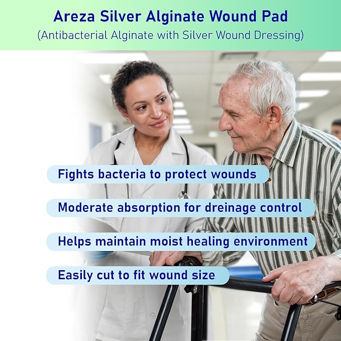 Areza Silver Calcium Alginate Antibacterial Wound Dressing Pads – Sterile, Non-Stick, Highly Absorbent; for Wound Drainage & Infection Risk (4.25″×4.25″, 5-Pack per Box), 1 Box