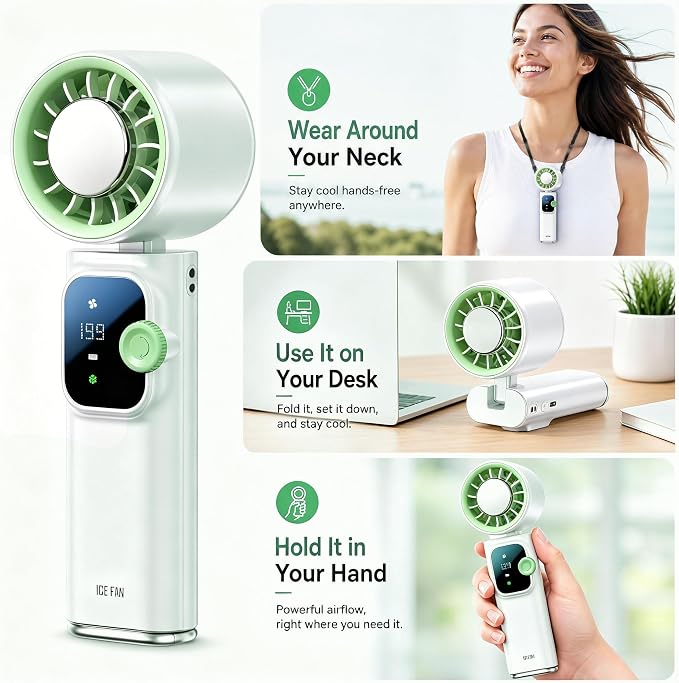 Portable Handheld Fan with Ice Cooling Personal Rechargeable Mini Neck Fan | 20000RPM,199-Speed 4000mAh Battery Powered up to 15hrs with LED Display for Travel, Camping & Outdoor, White