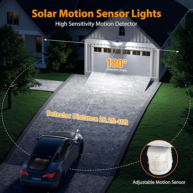 Onforu 4500LM Solar Lights Outdoor, 3 Heads Security Lights with Remote Control, IP65 Waterproof Motion Sensor Lights, 3 Modes Flood Lights for Wall, Porch, Yard, Outside, 2 Pack, White