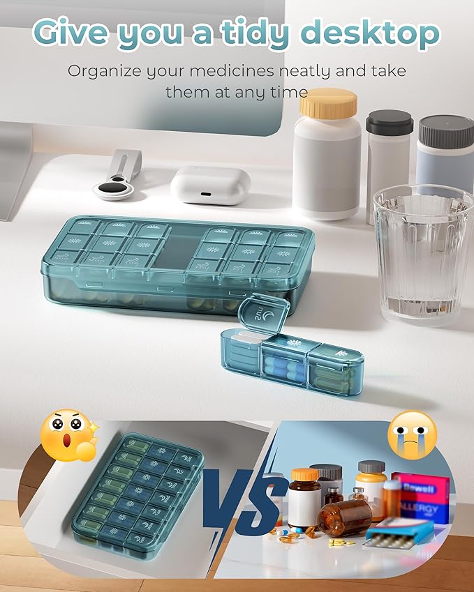 Windtrace Pill Organizer 3X a Day - Dusty Blue Portable Pill Case | Easy Carry, 3x Daily, Fade-Proof, Bold Labels, Arthritis-Friendly, One-Handed, Spill-Proof, Double-Layer, ABS Shell