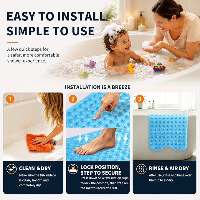 Yimobra Non Slip Bathtub Mat 40 x 16 Inch, Extra Long Shower Mat with Drain Holes, Machine Washable Baby Bath Mats, Strong Suction Cups for Bathroom Floor, Clear Blue