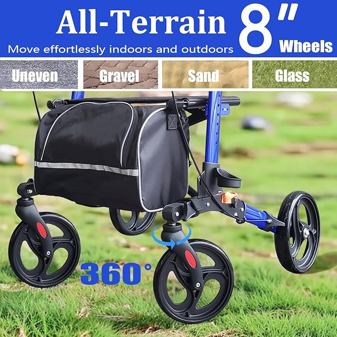 Aliseniors Upright Walker with Seat for Seniors, Extra-Wide Foldable Stand Up Rollator Walker with Padded Armrests, 8" All-Terrain Wheels, Medical Rolling Walkers for Adults, Supports 300lbs, Blue
