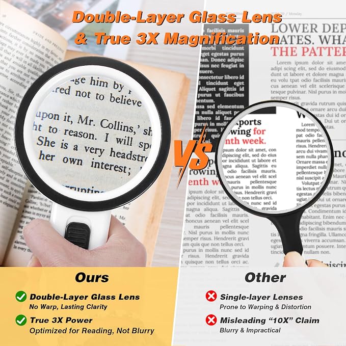 AIXPI Magnifying Glass with Light, Double-Layer Glass Lens Handheld Large Magnifying Glass 12 LED Lighted Magnifier for Seniors Reading, Coins, Jewelry, Close Working