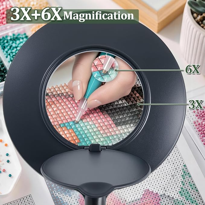 3X+6X Magnifying Glass with Light and Stand, Dimmable LED Magnifying Lamp | Flexible Gooseneck, Hands Free Magnifier, Magnification Lamp for Elderly Craft Hobby Painting Sewing Close Work,Weighted Base