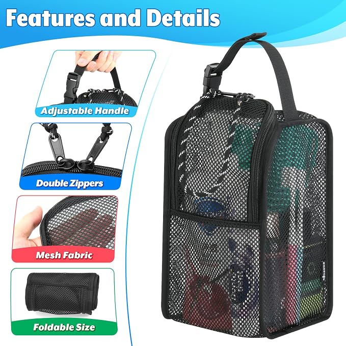 Mesh Shower Caddy Hanging Shower Organizer Tote Bag Portable Toiletry Organizer, Quick Dry Bath Bag with Double Zippers Opening for Travel Gym Swimming Beach Camping & Dorm Room