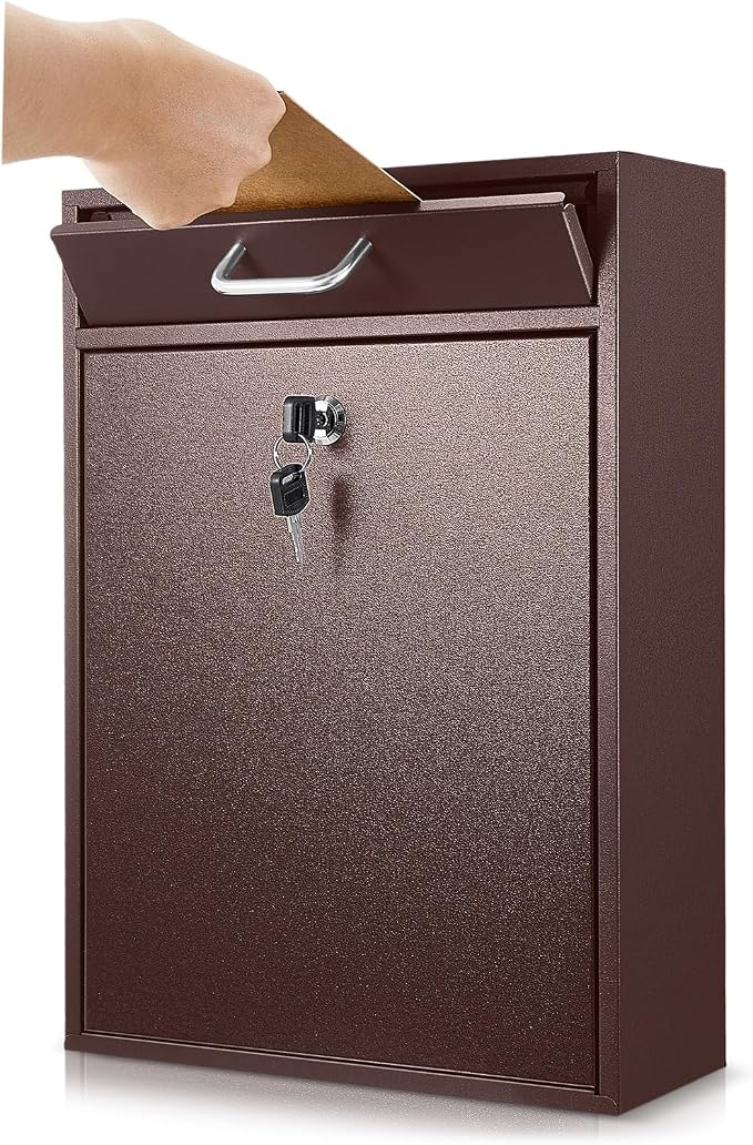 Yaocom Locking Mailbox with Key for Outdoor 16.2 x 11.2 x 4.7 Inches Large Wall Mount Mail Box with Lock Security Mail Drop Metal Collection Boxes Hanging Secure Postbox(Brown)
