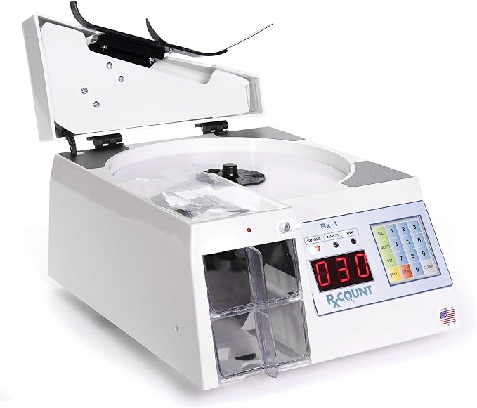 Rx-4 Automatic Pill Counting Machine - Compact Digital Tabletop Pharmaceutical Counter for Pharmacies, Doctors, and Veterinarians.