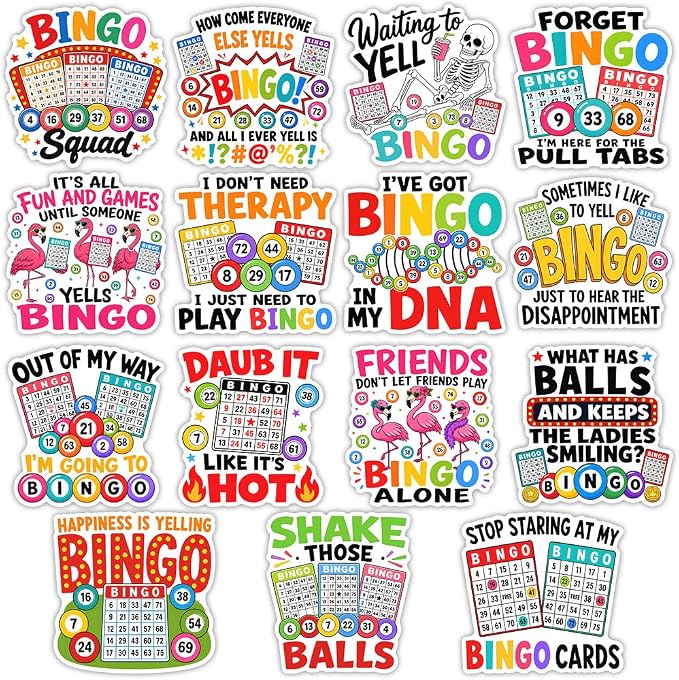 (15Pcs-3in) Bingo Games Sticker Pack, Funny Bingo Prizes Sticker for Player Caller, Gambling Gambler Gift for Senior Adult, Decoration for Laptop Tablet Office Water Bottle Helmet Vehicles