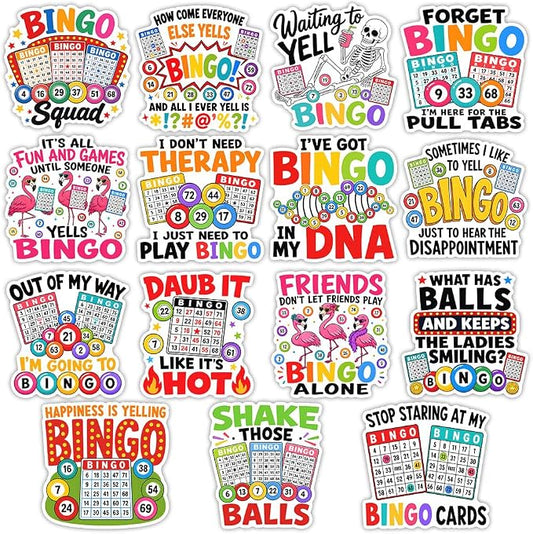 (15Pcs-3in) Bingo Games Sticker Pack, Funny Bingo Prizes Sticker for Player Caller, Gambling Gambler Gift for Senior Adult, Decoration for Laptop Tablet Office Water Bottle Helmet Vehicles