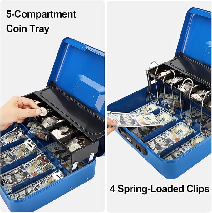 Jssmst Locking Cash Box with Coin Lid, 11.8L x 9.5W x 3.5H Inches, Latch Safe Money Box with Combination Lock, Blue
